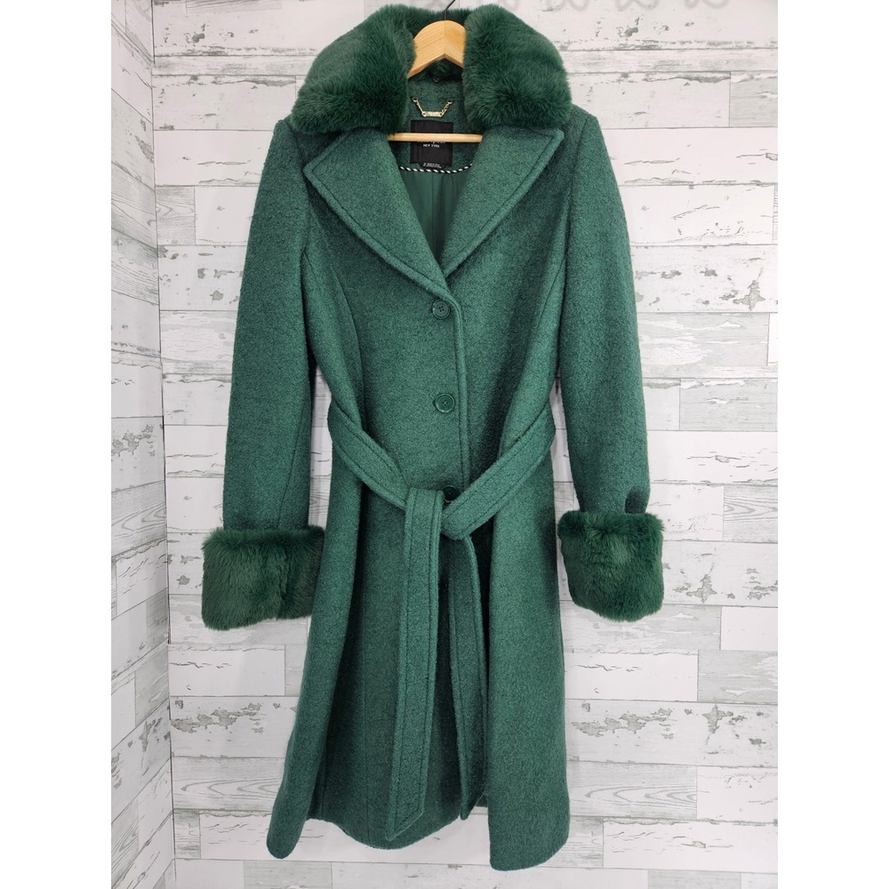 Kate Spade New York Green Wool Blend Faux Fur Collar Cuff Belted Coat Medium